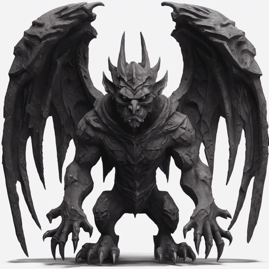 A colossal gargoyle carved from volcanic stone with eyes smoldering like coal embers. It stands poised, wings unfurled, and talons sharp as obsidian blades. Its form is adorned with runes that thrum with a dark energy.