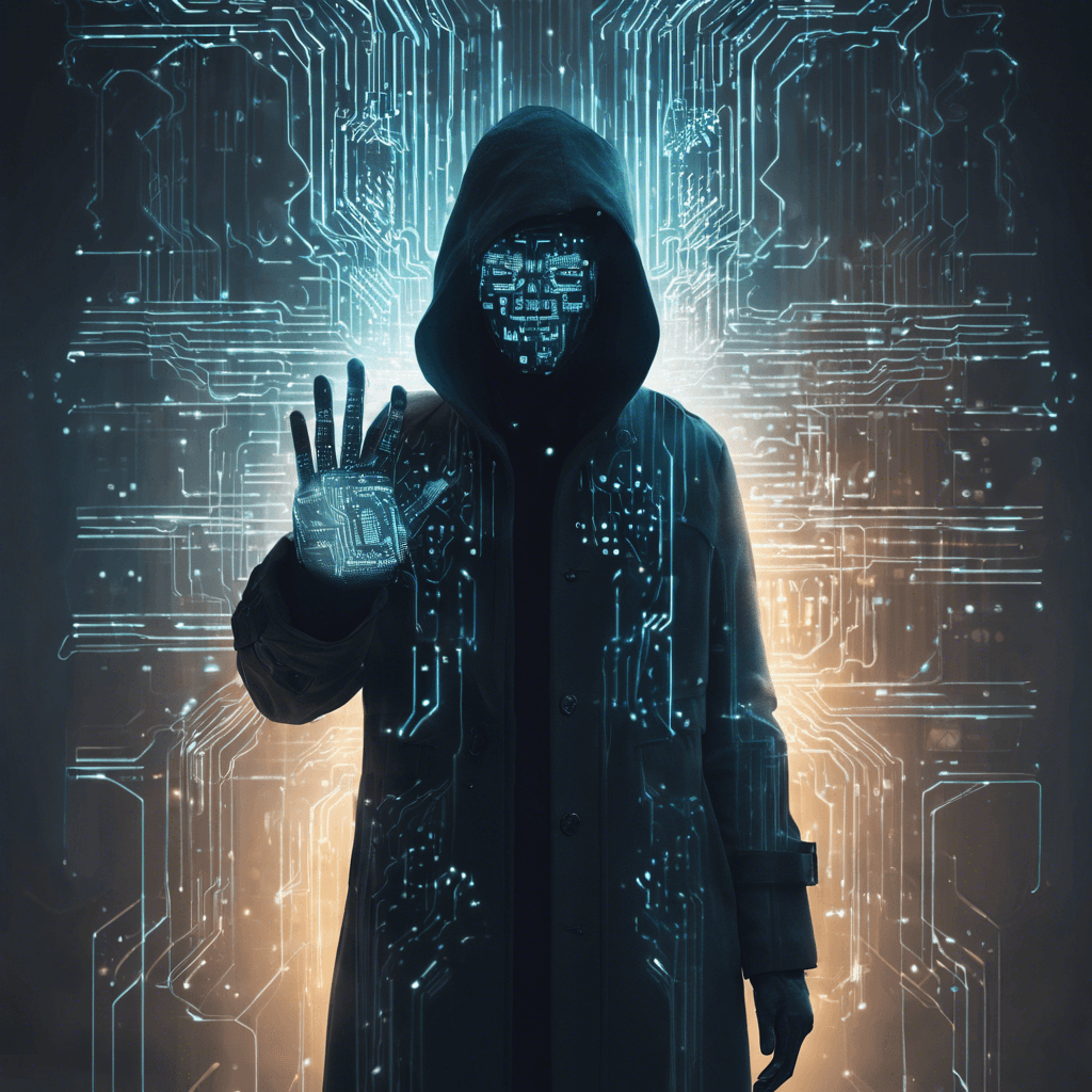 A figure shrouded in a dark trench coat with glowing circuit patterns, face obscured by a digital mask displaying cascading code. Cybernetic enhancements are visible on their fingers, glowing with an eerie light.