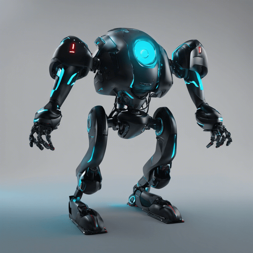 The Guardian Automech, an advanced robotic sentinel, floats in the weightlessness of the room. Its chassis is sleek and armed with an anti-intruder defense system. The body is matte black with glowing cyan lines tracing its form and a central ocular sensor emitting a scanning red beam.