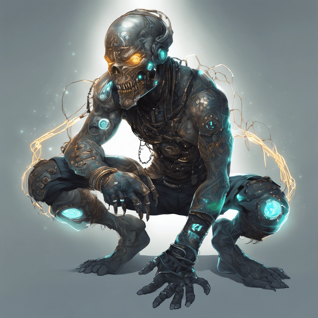 A scrappy street thug with scarred, cybernetic enhancements and luminous tattooed circuits crawling up his arms. He's got a metallic jaw, cold glowing eyes, and is emitting a faint humming noise from the tech woven into his flesh.