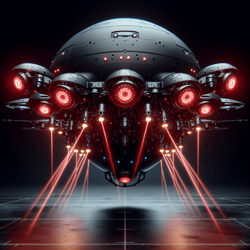 A large, spherical drone with a matte black surface. It has multiple red scanning lights that emit from its center and is equipped with an array of laser turrets and energy shields. The drone moves with rapid, precise motions suggesting advanced artificial intelligence.