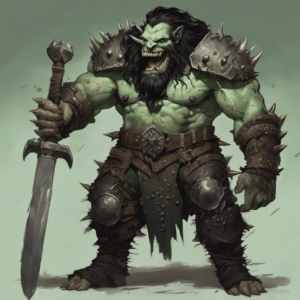 A muscle-bound brute with pale green skin, two massive tusk-like teeth protruding from his lower jaw, and a mane of dark, matted hair; clad in tattered leather armor, and wielding a massive club studded with iron spikes.