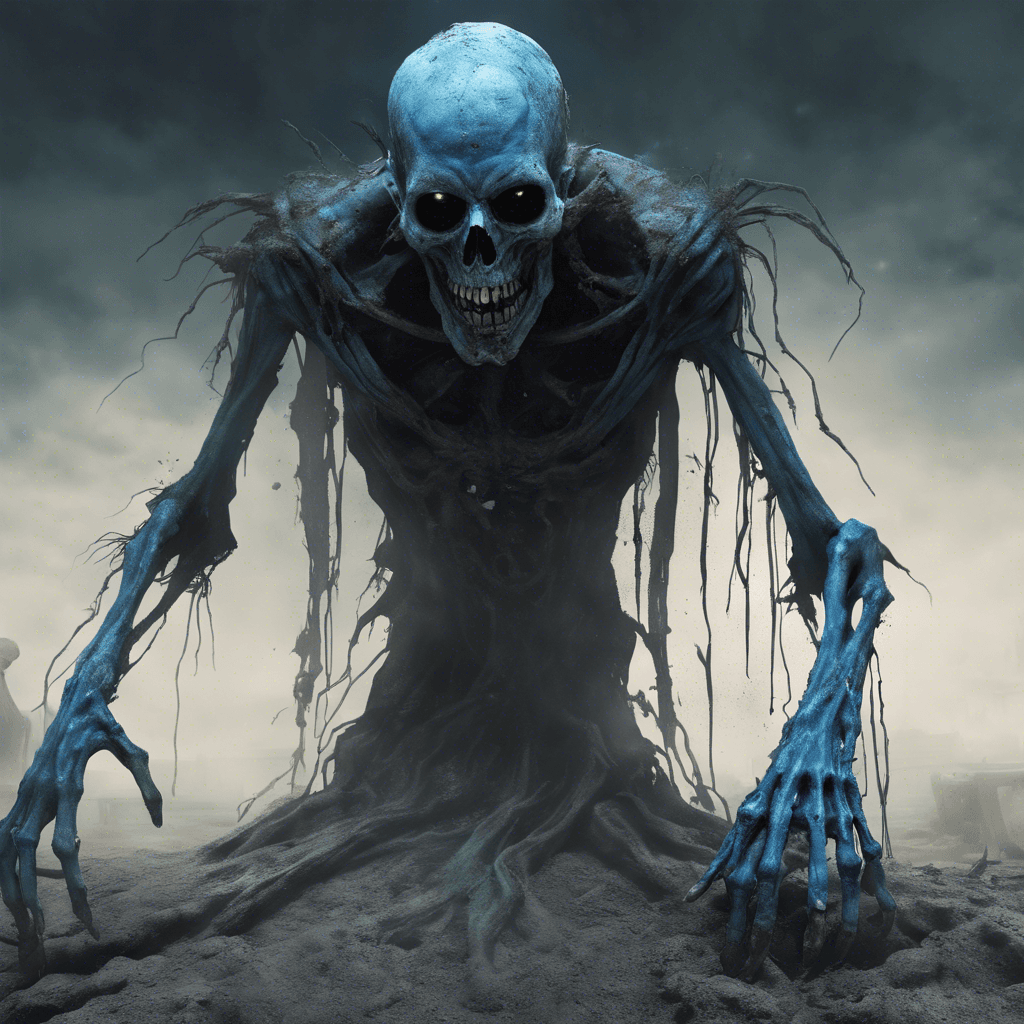 A terrifying creature rises from the ground with a body composed of rotting flesh and grave dirt. Its eyes glow with a ghostly blue hue, and tattered funeral robes cling to its skeletal frame. Its hands, desiccated and claw-like, reach out as if to drain the life from anything they touch.