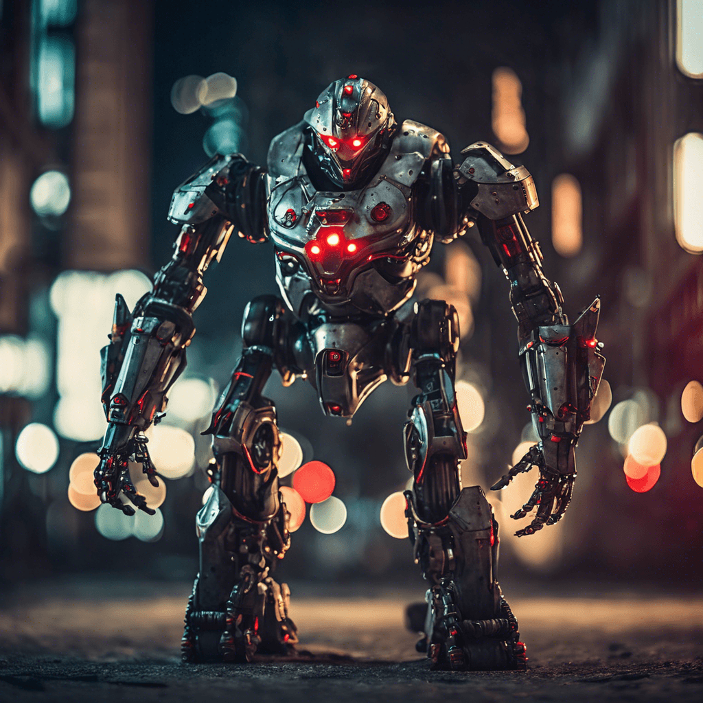 The Mechanized Guardian is a towering robotic figure, covered in sleek metallic armor with glowing red eyes that scan its surroundings. It wields a variety of advanced weaponry built into its arms, ready to take down any intruders that cross its path.