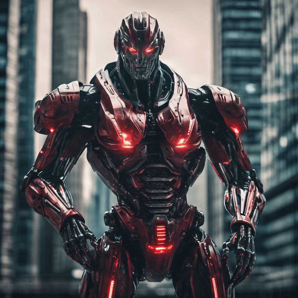 The Cybernetic Enforcer is a towering humanoid figure clad in sleek, metallic armor. Its glowing red eyes scan the surroundings, and its cybernetic enhancements hum with power. It moves with precision and speed, ready to engage any threats to the city.