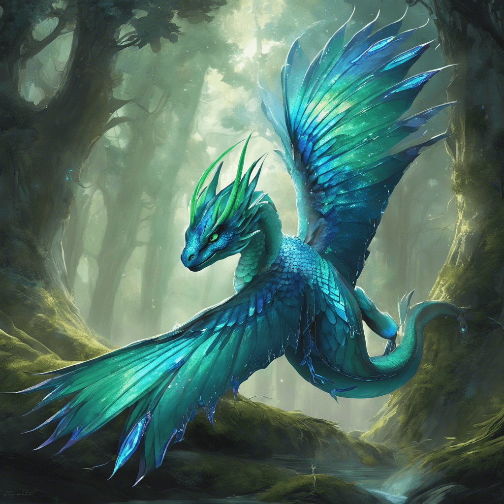 A majestic but fierce Zephyr Drake, with iridescent blue-green scales and eyes that glimmer like sapphires. Its massive wings stir the air, causing whirling gusts around its sleek body.