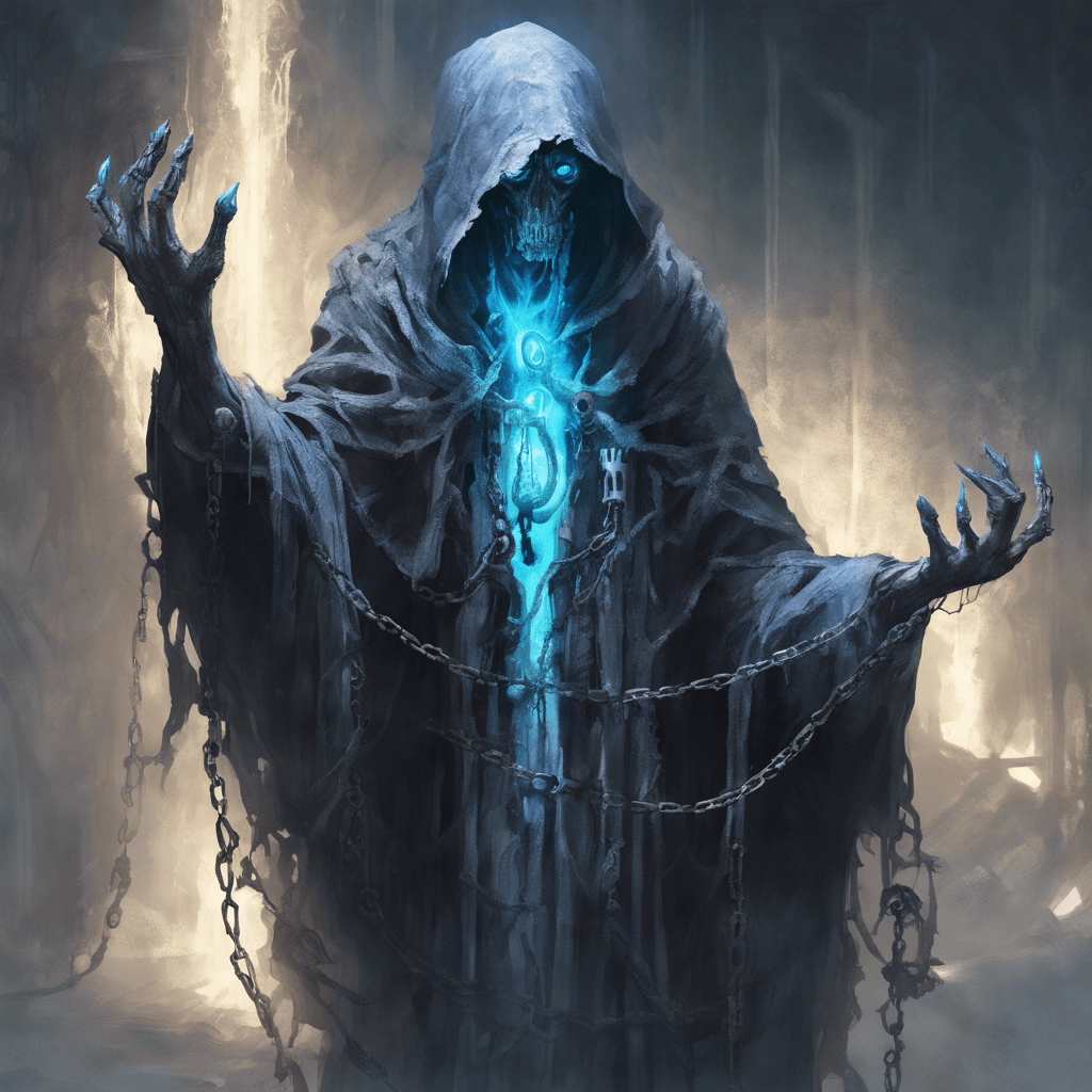 A gaunt figure shrouded in tattered robes, its hollow eyes glowing with a baleful blue light. Ethereal chains clank softly with its jerky movements, and a malignant aura of decay surrounds it, chilling the air.