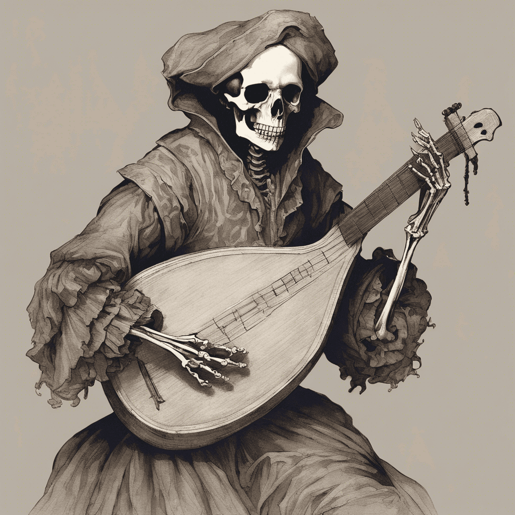 A ghostly figure clad in ragged, 17th-century bard attire. It's translucent, showing the skeletal remains underneath. It carries an eerie, broken lute from which it strums discordant tunes that chill the bones.