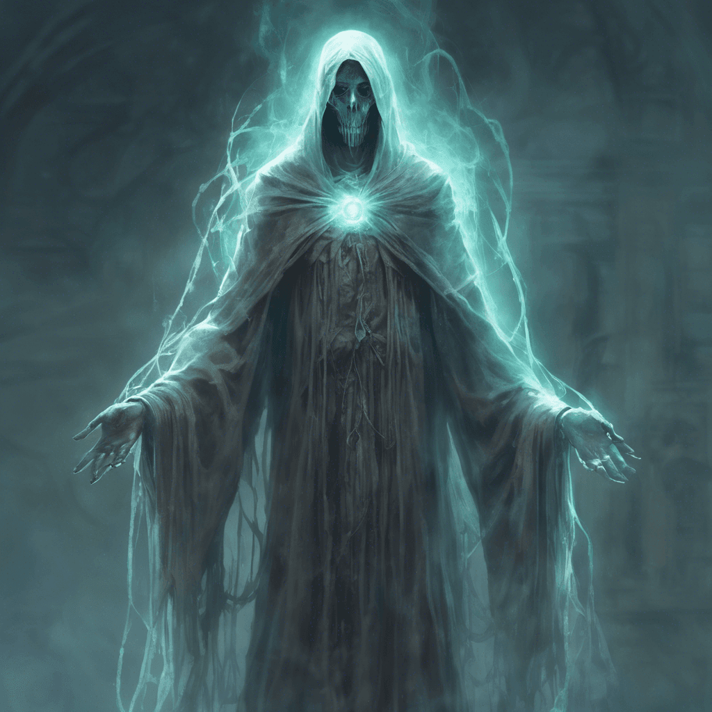 A glowing, translucent figure hovers eerily above the ground. This ghostly entity wears tattered, ethereal robes resembling a warden's uniform from a bygone era, complete with fading insignia and spectral chains that rattle with an otherworldly chill.