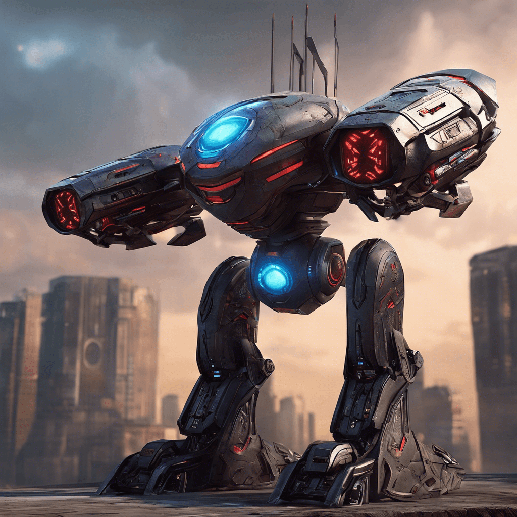 The Xenodrone Sentinel is a towering robotic guardian, its sleek metallic body adorned with glowing energy runes that crackle with power. Its single red eye scans the surroundings with precision, ready to unleash devastating attacks on any intruder.