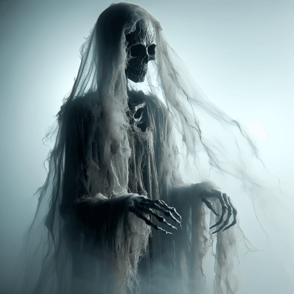 A translucent entity with elongated, skeletal limbs, clad in tattered robes that seem to blend with the fog. Its eyes are hollow yet gleam with a faint, otherworldly light.