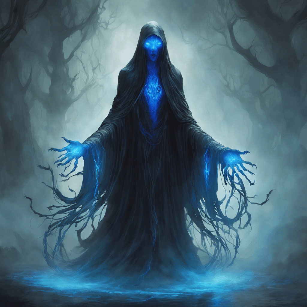 Ethereal tendrils of dark mist form the shape of this floating wraith. Its eyes glow with a baleful blue light, and its claws seem to phase in and out of reality.