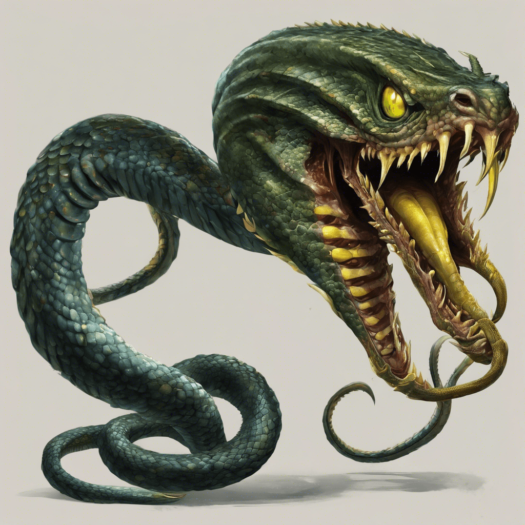 A Ferrigon Slitherer is a serpent-like alien, with shimmering scales and three pairs of piercing yellow eyes. Its forked tongue flicks as it senses its prey, and barbed tentacles coil beneath its fanged mouth, ready to strike. It stands on several muscular legs, each ending in sharp claws.