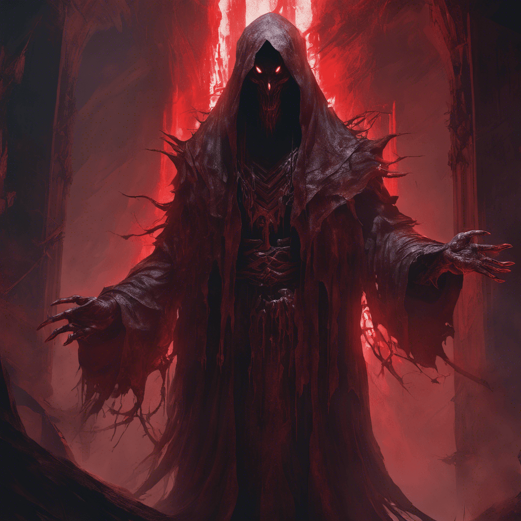 A towering figure shrouded in tattered robes, spectral claws extend from where its hands should be, and its eyes glow with a sinister crimson light.