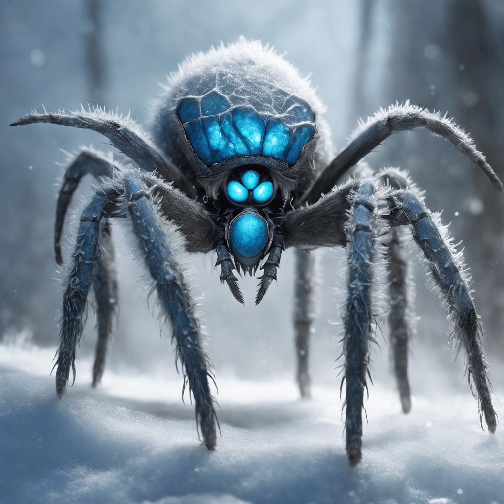 A monstrous arachnid with icy-blue carapace and sharp, frost-covered mandibles. It has eight gleaming eyes, and its legs are coated with white bristle-like fur.