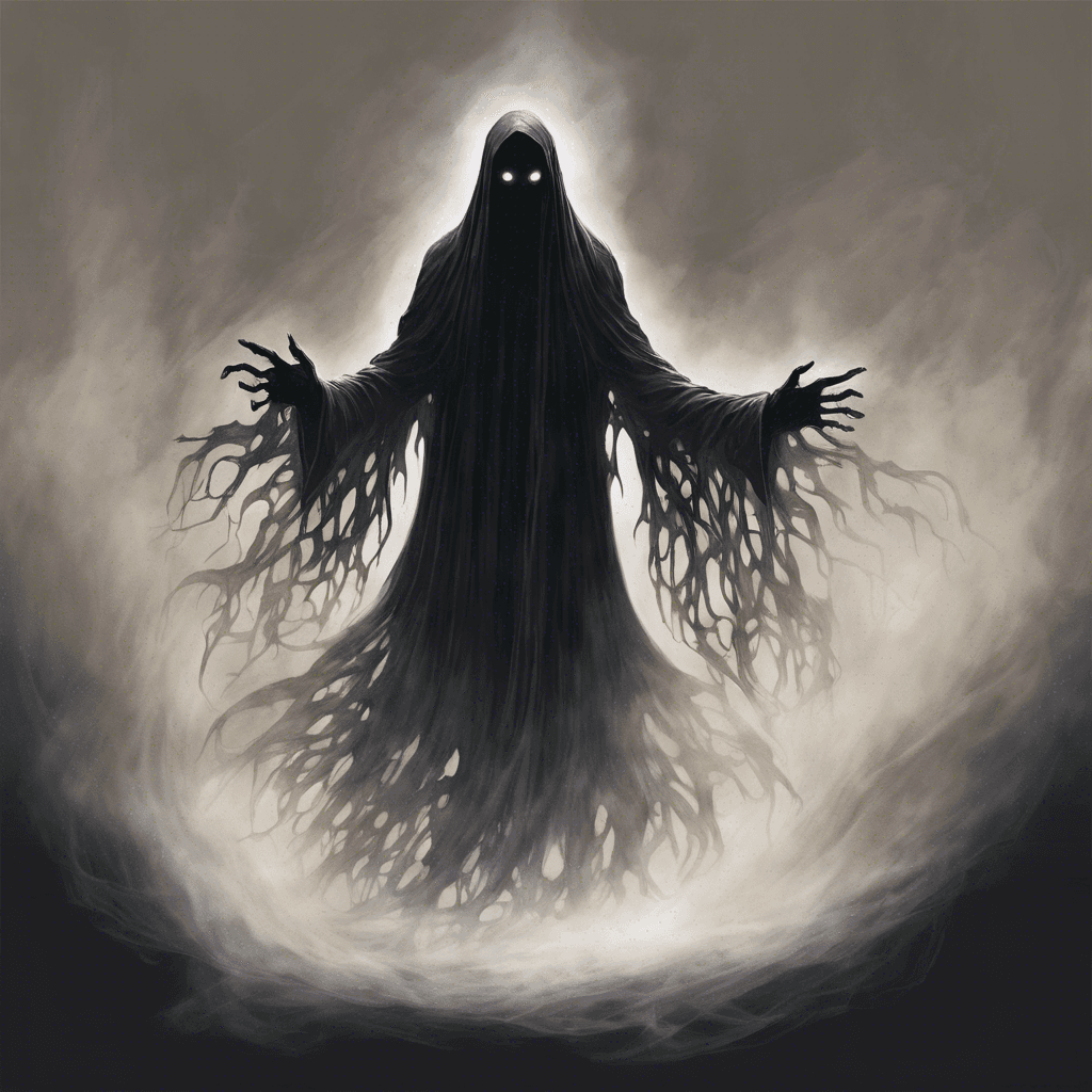 A spectral entity, the Gloomshade Wraith is an ethereal being that exudes an aura of darkness. It has a humanoid silhouette that appears to be made of a swirling black mist. Its eyes are hollow voids that emit a faint, malevolent light, and its long, wispy fingers seem to claw at the very fabric of reality.