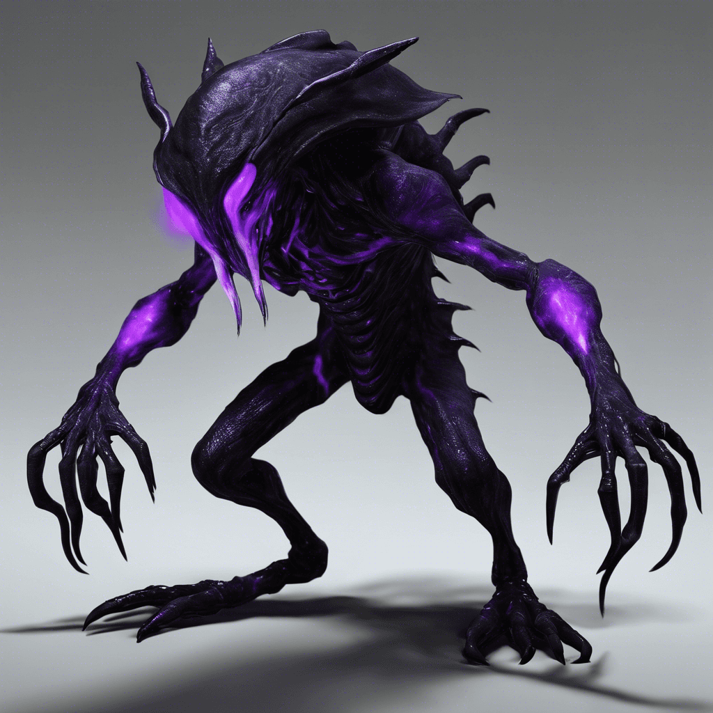 The Void Stalker is a shapeshifting alien creature that thrives in darkness. Its form constantly shifts, making it difficult to predict its next move. Its skin is a deep black color that seems to absorb all light, and its eyes glow with an eerie purple hue.