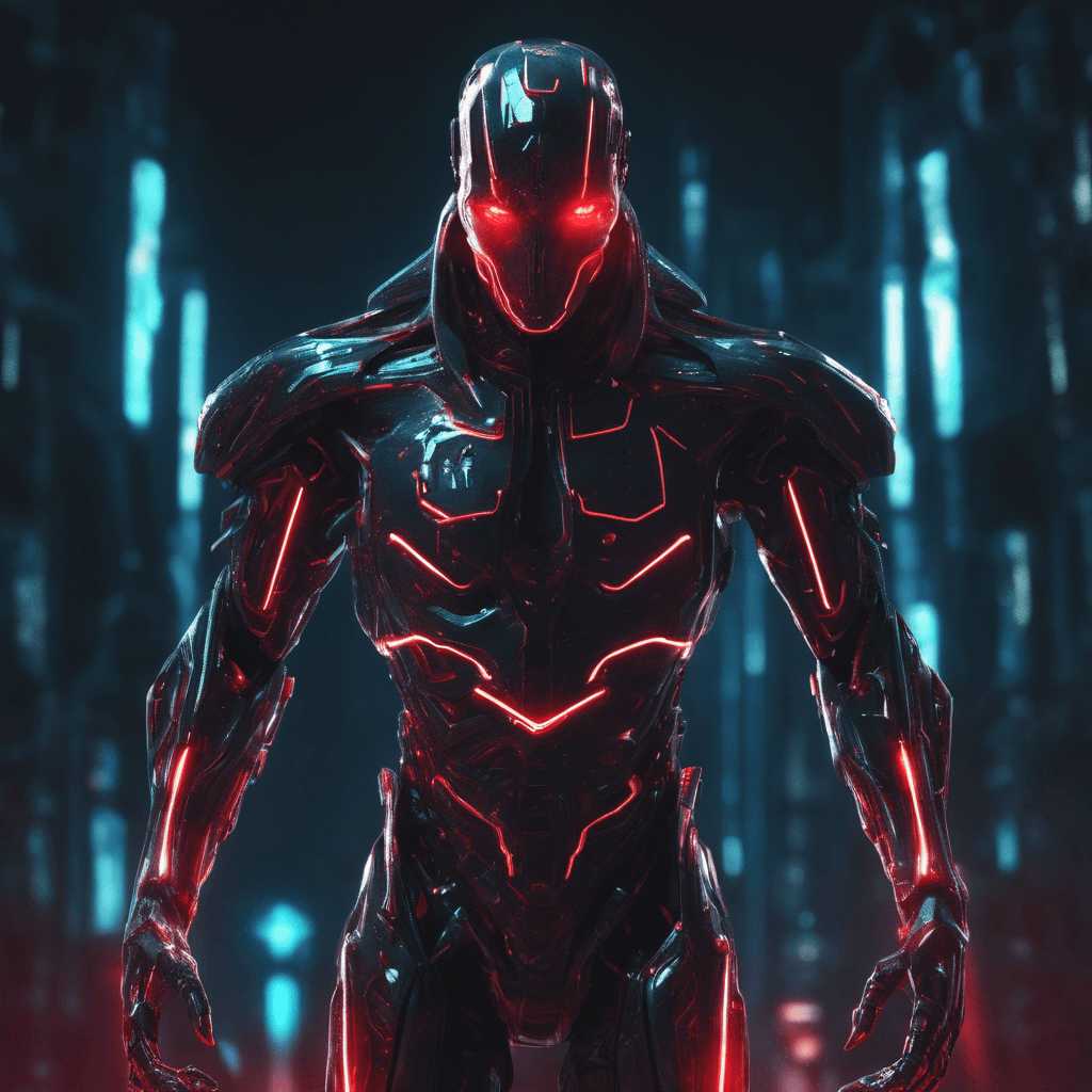 A sleek and sinister humanoid figure cloaked in dark cybernetic armor, with glowing neon circuits running across its surface. Its piercing red eyes scan the virtual realm with predatory focus, ready to strike at any perceived threat.