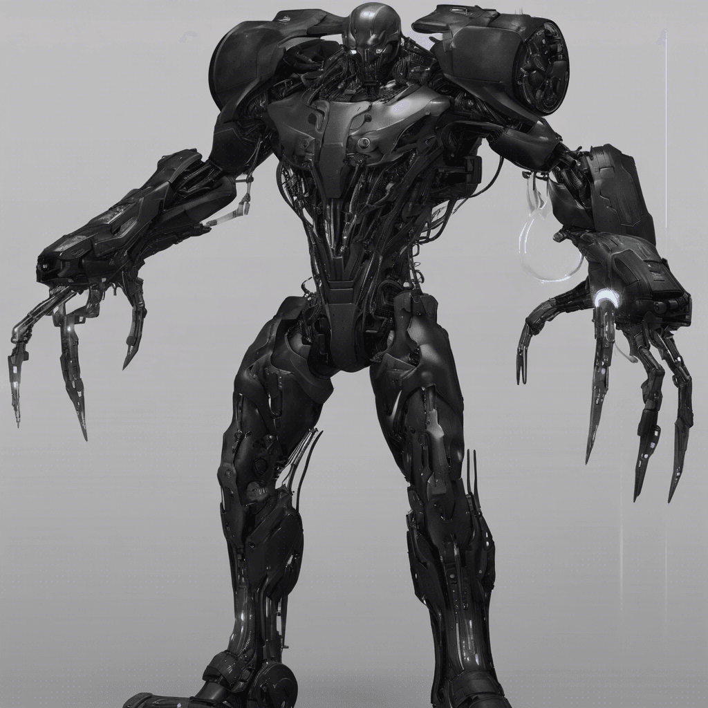 A towering figure exuding menace, with cybernetic limbs that seem to whir and click with lethal precision. His left eye replaced with a scanning reticle, glowing ominously. Matte black cybernetics intertwine with his muscular frame, revealing little of the man that once was, more machine than human.