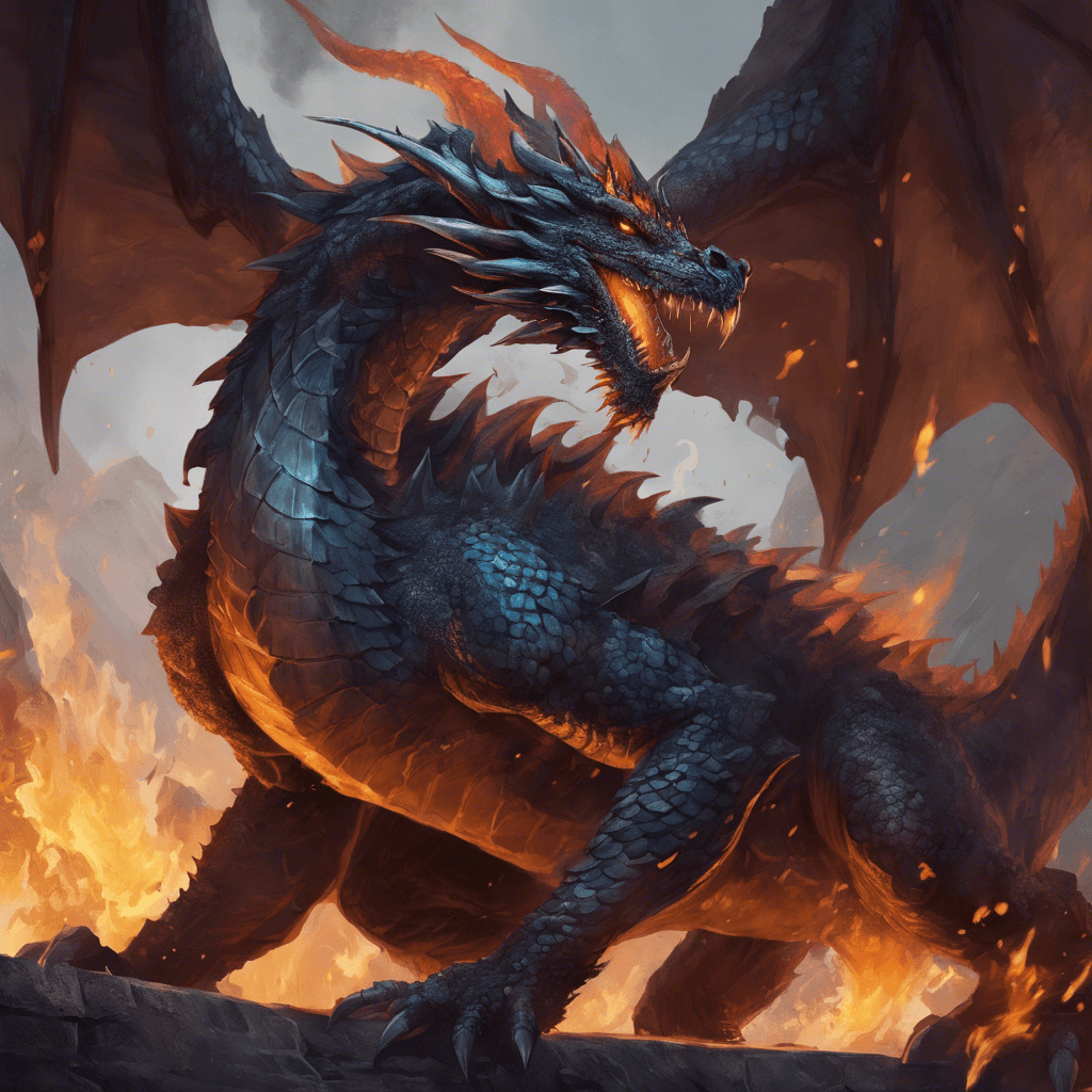 A massive dragon with scales like smoldering coals, eyes glowing like embers, and plumes of smoke rising from its nostrils. It regards Morgana with an intelligence that belies its bestial form.