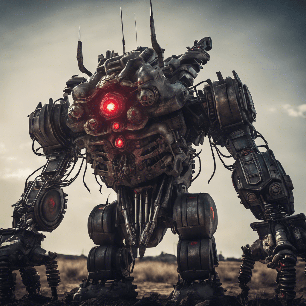 The Mechanized Behemoth is a towering robotic monstrosity, covered in sleek metal plates and armed with powerful energy weapons. Its red glowing eyes scan the area for any signs of movement, ready to unleash devastating attacks on its targets.