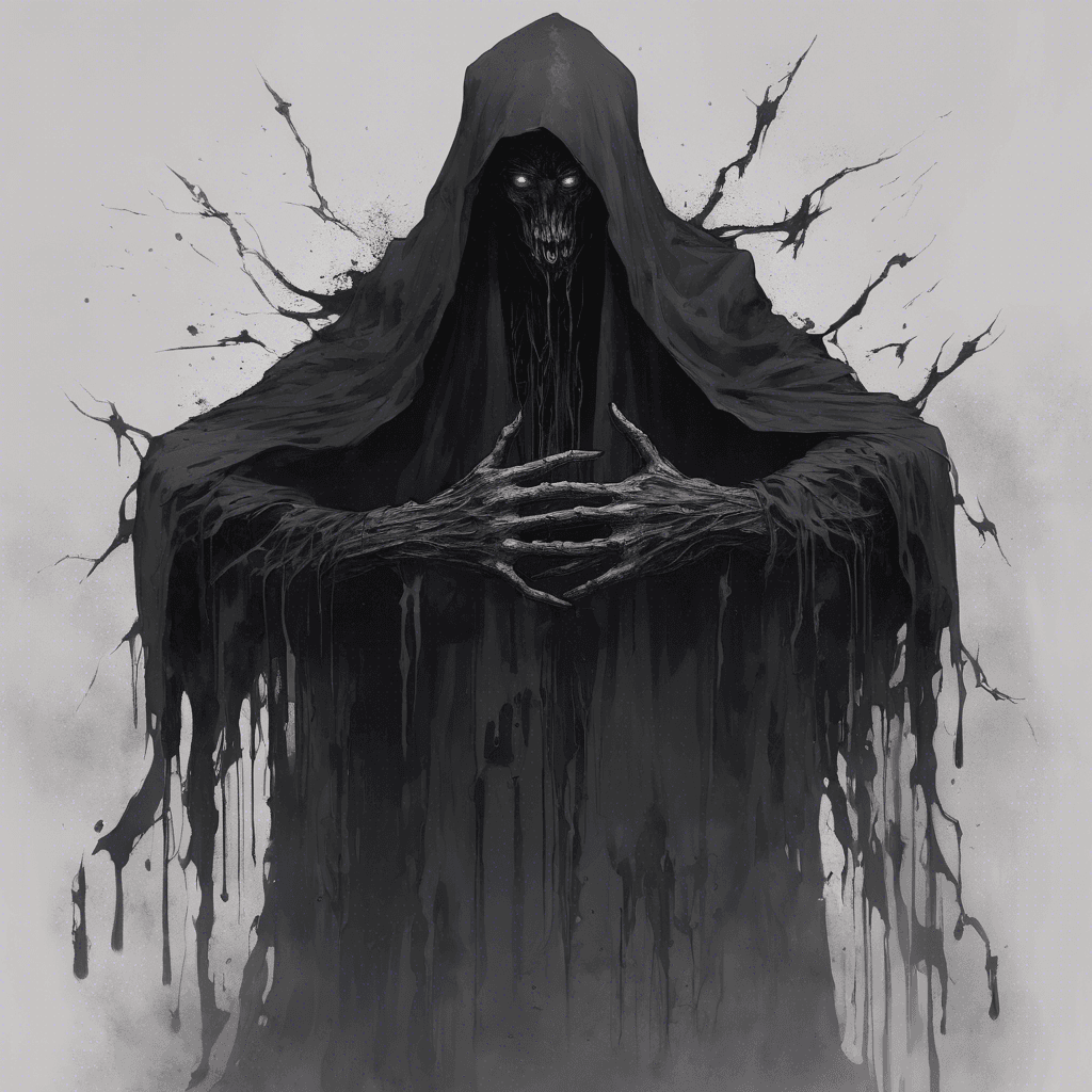 A towering, ethereal figure shrouded in tattered black cloaks. Its eyes are empty voids, and its hands end in unnaturally long, claw-like fingers, dripping with an inky substance.