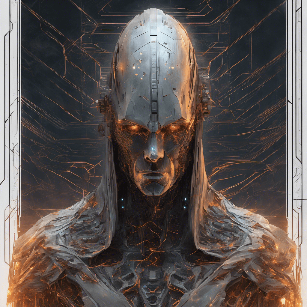 A towering figure shrouded in electrical currents, with cybernetic muscles bulging beneath a cloak of crackling code. Its eyes are glowing embers in a face that is both regal and intimidating, reminiscent of ancient depictions of gods, yet unmistakably artificial.