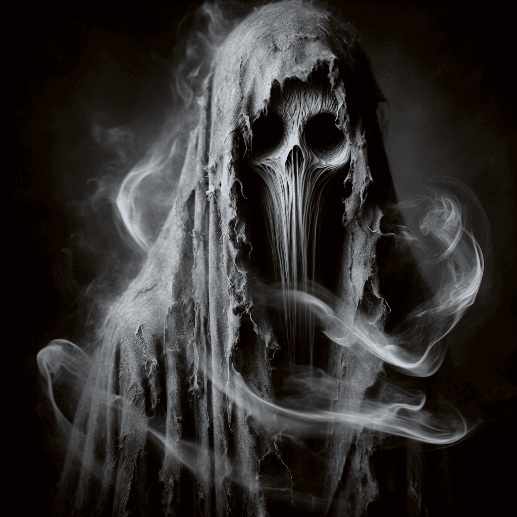 A translucent figure, cloaked in tattered robes that drift in an ethereal breeze. Its eyes, hollow and unseeing, glow faintly with malevolent light. Wisps of its essence coil like smoke, and its movements are silent but for the faintest echo of a lament.