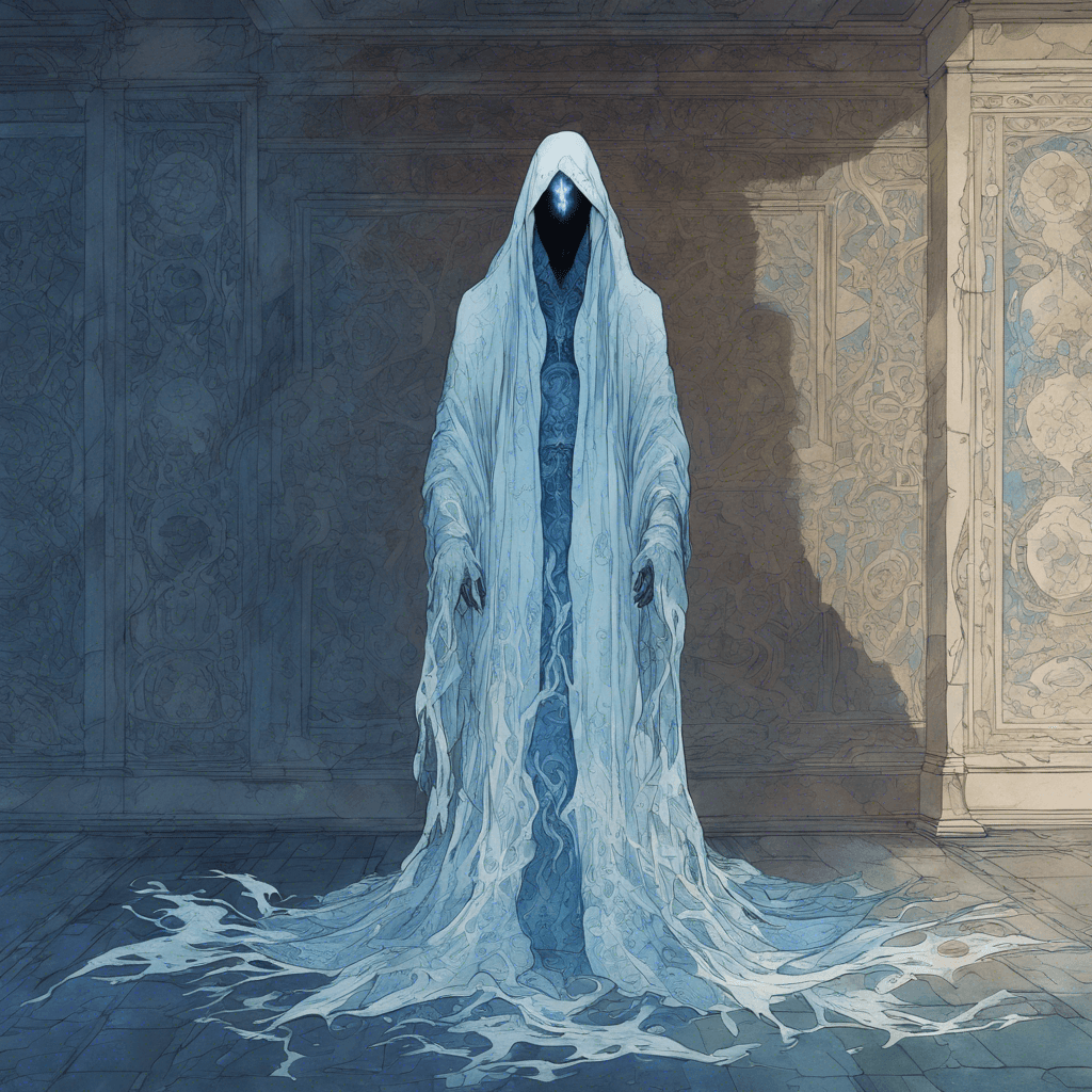 A ghostly figure with tattered robes, floating inches above the ground. Its eyes burn with a spectral blue flame, and its hands weave in intricate patterns, casting ominous shadows on the walls.