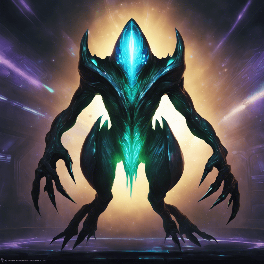 The Void Rifter is a mysterious alien creature with shimmering, translucent skin that seems to shift and change in color. It moves with unnerving speed and agility, its long, sharp claws gleaming in the dim light of the spaceship. Its eyes glow with an otherworldly intensity, revealing its intelligence and predatory nature.