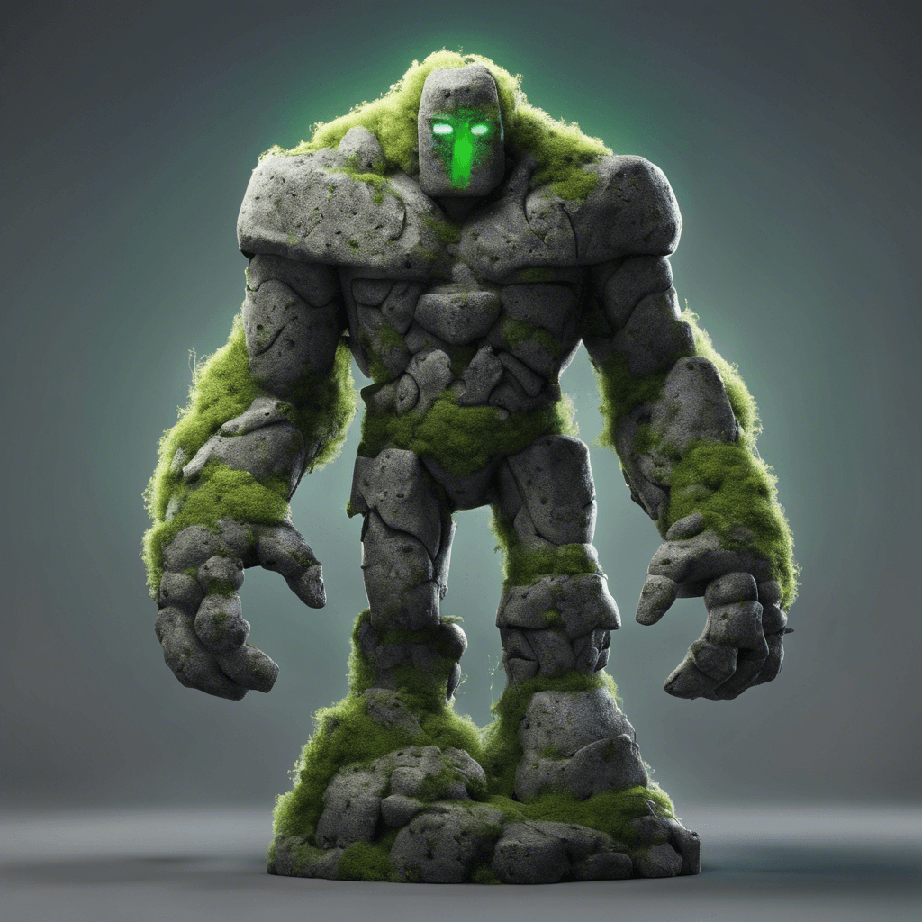 A towering golem, sculpted from granite with moss and lichen patterns cascading across its surface. It has glowing runes etched into its limbs that pulse with magical energy.