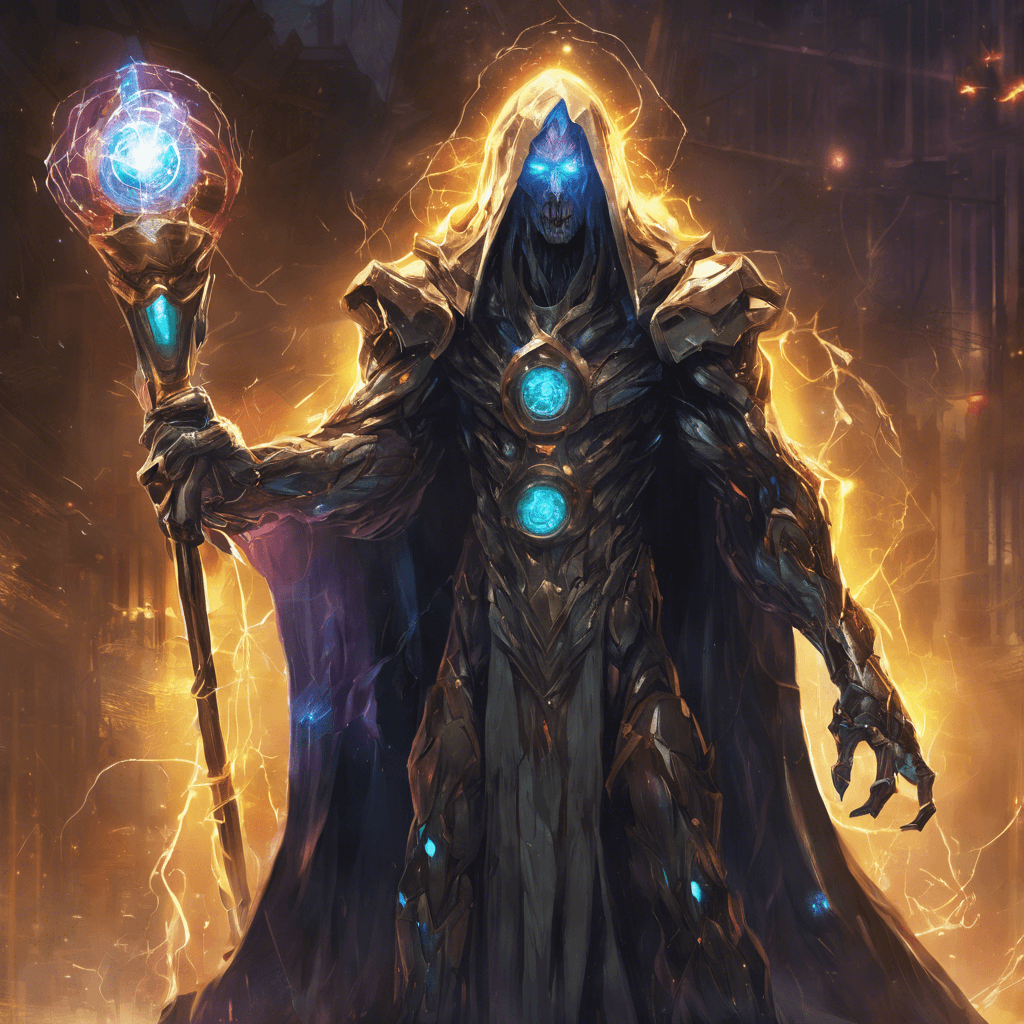 The Quantum Overlord is a towering figure cloaked in shimmering energy, with multiple glowing eyes scanning its surroundings. It wields a staff crackling with electricity, ready to unleash devastating power on any who dare to challenge it.