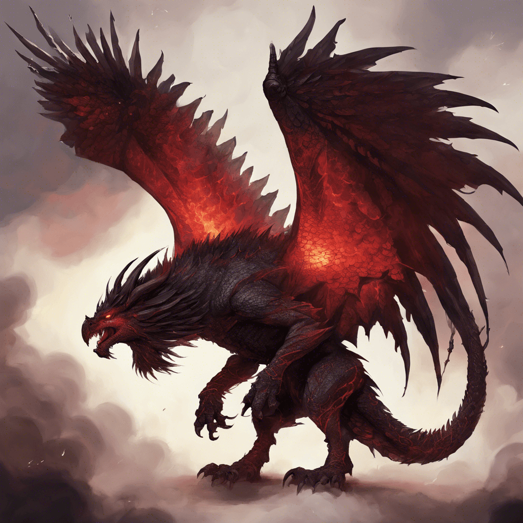 A massive winged beast with scales as dark as midnight and sharp as blades. Its eyes burn with a haunting crimson light, and steam rises from its nostrils.