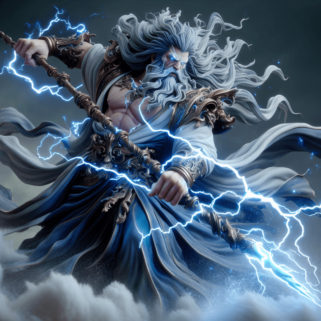 A towering figure with muscular build, his eyes crackling with electricity. He wears a regal robe that flows like storm clouds, and his hair and beard are white as snow, billowing as if stirred by a tempest. He wields a masterfully crafted lightning bolt which scorches the air around it.