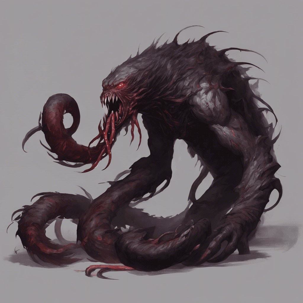 A hulking creature with dark matted fur, crimson eyes, and elongated shadows writhing like tentacles from its back. It has jagged claws that seem to ooze a dark mist and a mouth filled with razor-sharp teeth. It moves with unnatural silence for its size.