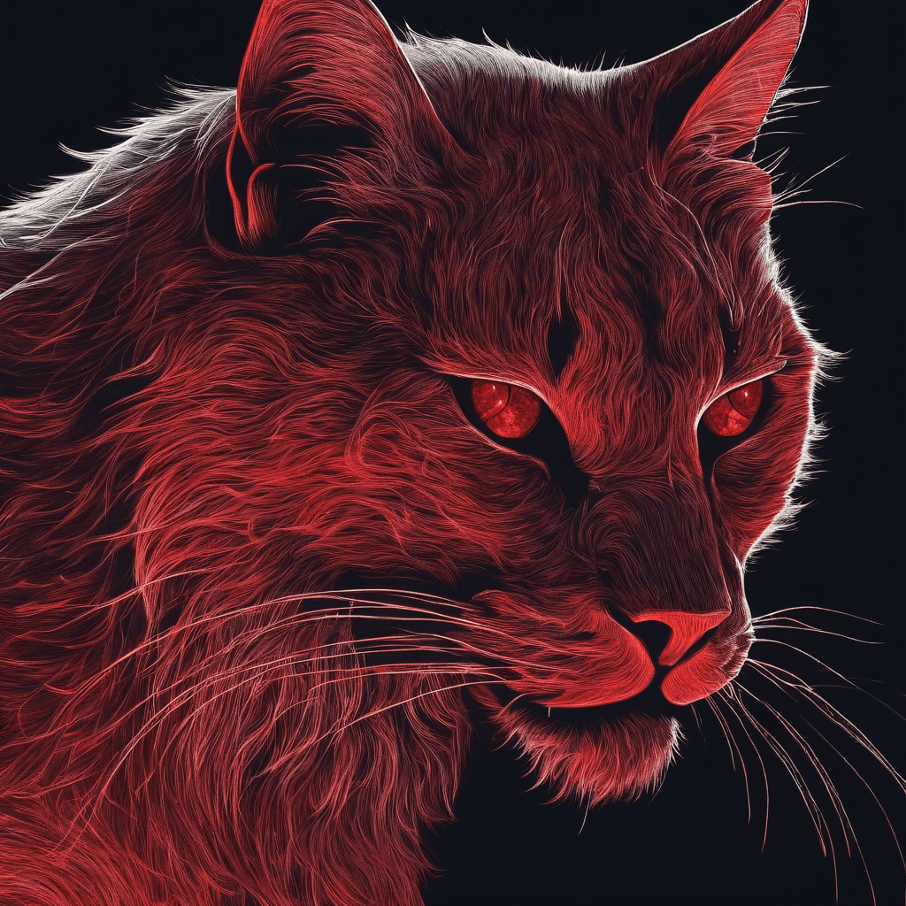 A large feline silhouette with gleaming red eyes and shimmering, translucent fur that seems to absorb the light around it. Its movements are graceful yet menacing, leaving no sound nor trace as it prowls.