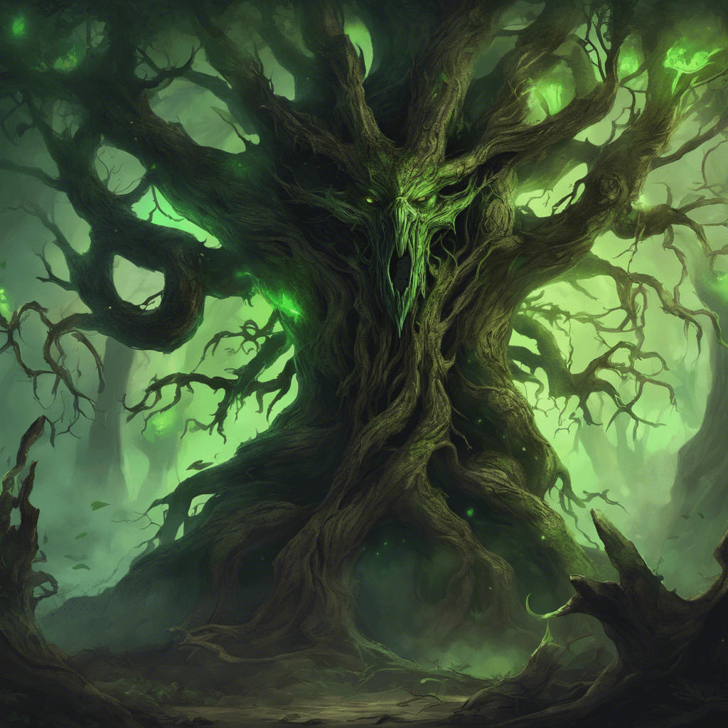 A towering tree-like creature with gnarled bark, glowing green eyes, and twisted limbs that sway with malevolent intent, exuding an aura of ancient and dark magic.