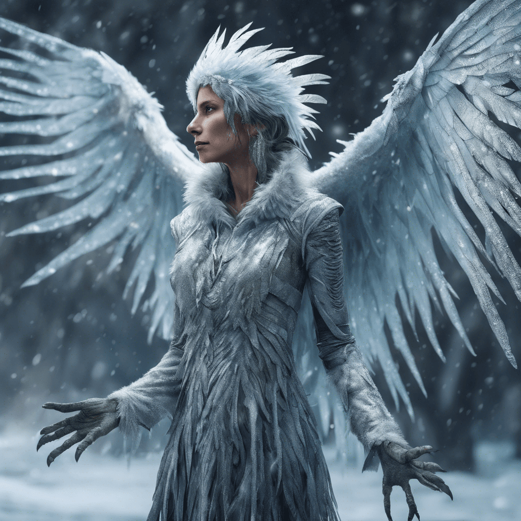 A creature with the body of a raptor and the face of a haggard woman, with wingspan covered in shimmering frost feathers and claws like icicles.