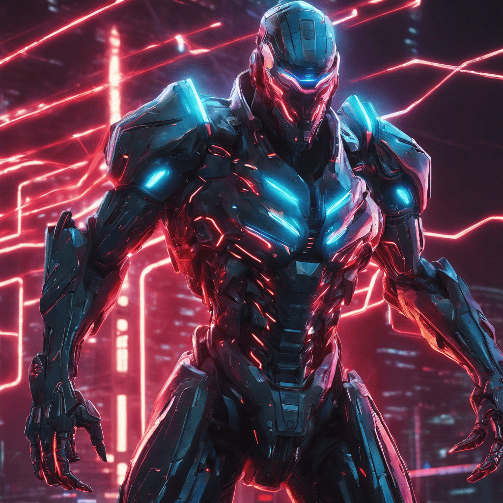 A towering figure covered in sleek cybernetic armor, glowing neon lines pulsating across the surface. Its eyes are replaced with glowing red optics, scanning the area with ruthless precision. Multiple weapon attachments can be seen protruding from its arms, ready to strike at a moment's notice.