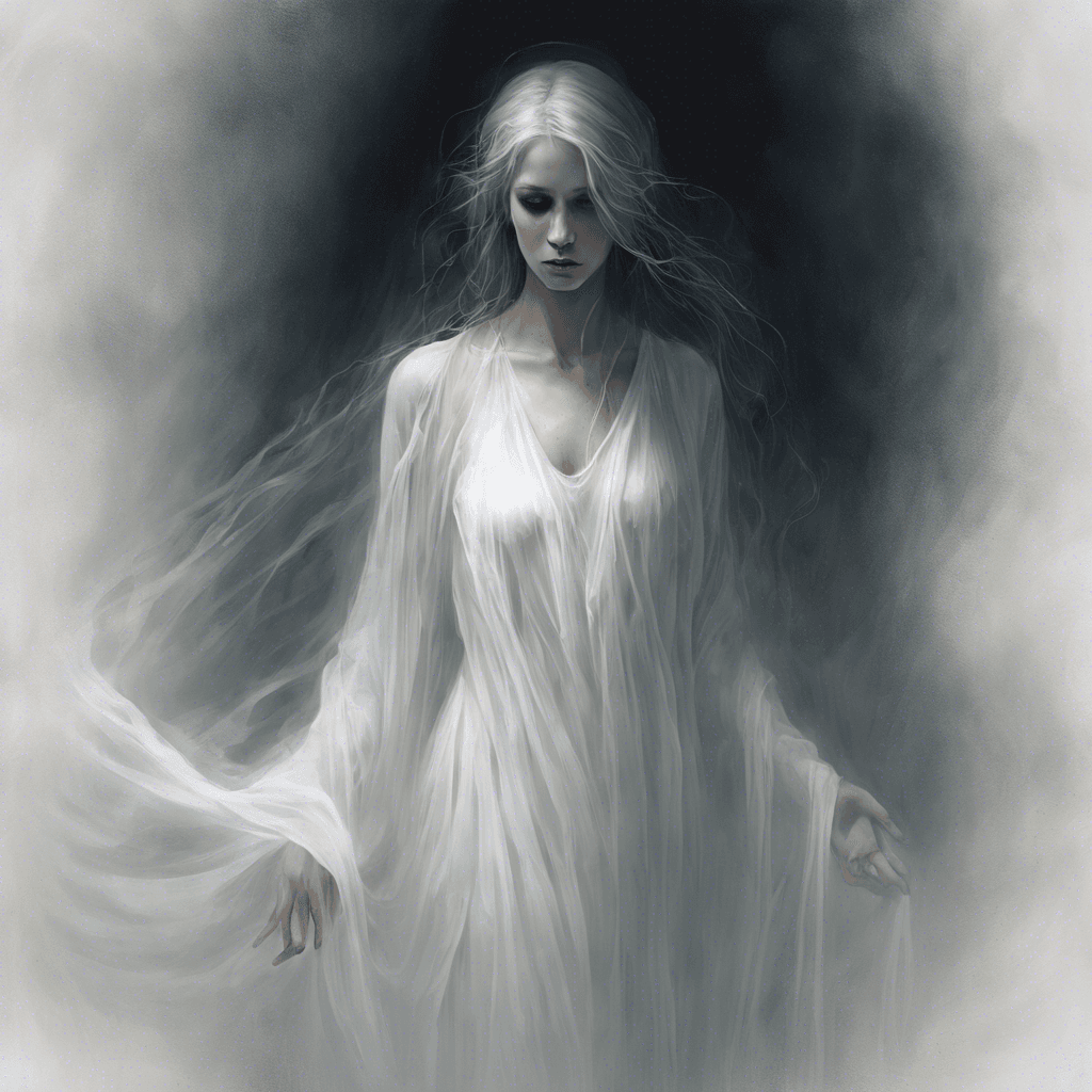 A ghostly figure of a woman, her ethereal form is draped in a flowing white gown that seems to both absorb and reflect the dim light around her. Her face is sorrowful yet serene, with dark hollow eyes that seem to look through you.