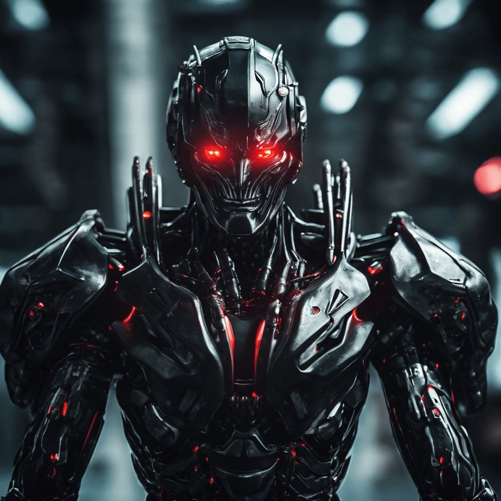 The Cybernetic Overlord is a towering figure clad in sleek black armor, pulsating with energy. Its glowing red eyes scan the surroundings with pinpoint accuracy, while its powerful mechanical limbs move with precision and strength.