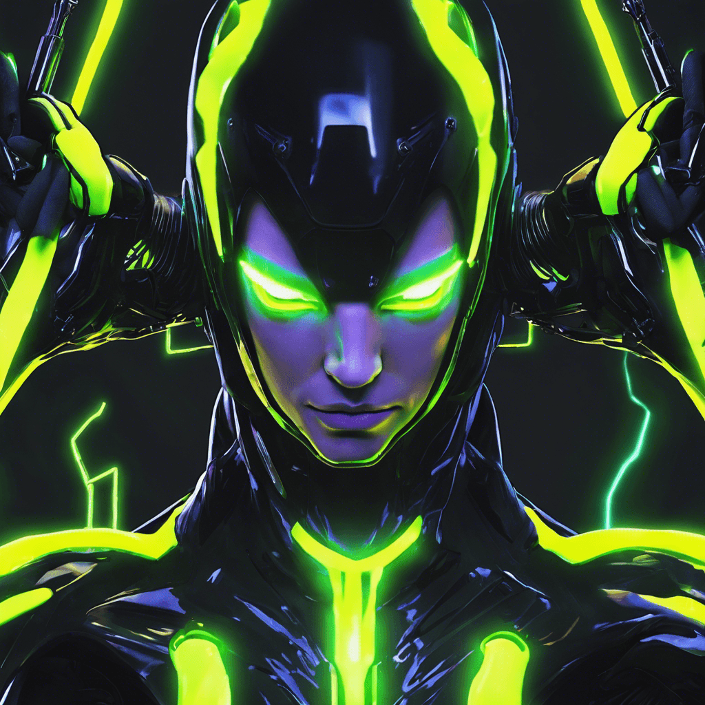 The Neon Hacker is a cybernetically-enhanced individual with neon glowing cybernetic implants running across their body. Their eyes shine with a bright neon glow, giving them an eerie and intimidating appearance. Wearing a sleek black cyber suit, they move with incredible speed and agility, their movements almost like a blur.