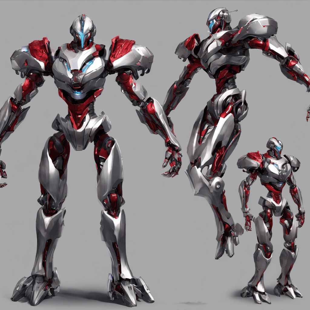 The Zyphorian Marauder appears as a sleek, silver humanoid robot. Its eyes glow with a menacing red hue, and its body is adorned with sharp, angular armor plates. It has multiple articulated arms, each ending in various integrated weapons like pulse blasters and ion blades.