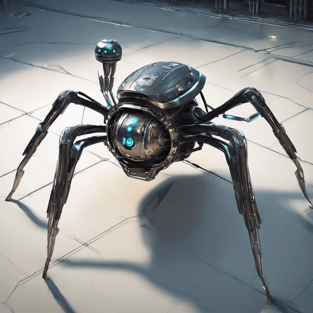 A sleek mechanical spider, its metallic legs clicking against the ground, with an array of sensory antennas twitching on its back and glowing cybernetic eyes scanning relentlessly.