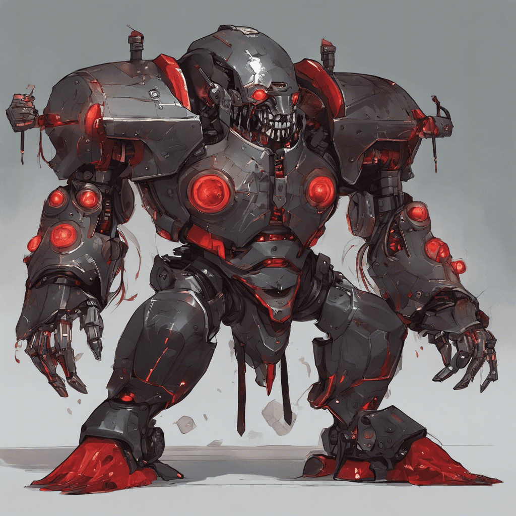 A menacing robotic pirate lord with a sleek, armored exoskeleton, flickering red optical sensors, and an array of built-in energy weapons.