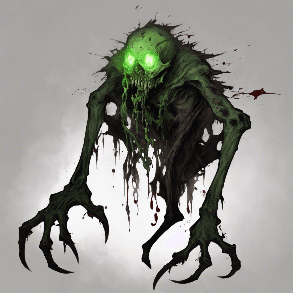 The Ghoul of Eldoria is a decrepit creature, skin hanging in tattered, necrotic shreds from its bones. Its eyes are sunk deep into its skull, glowing with a sickly green light. Its long, filthy claws are caked with dried blood and dirt.