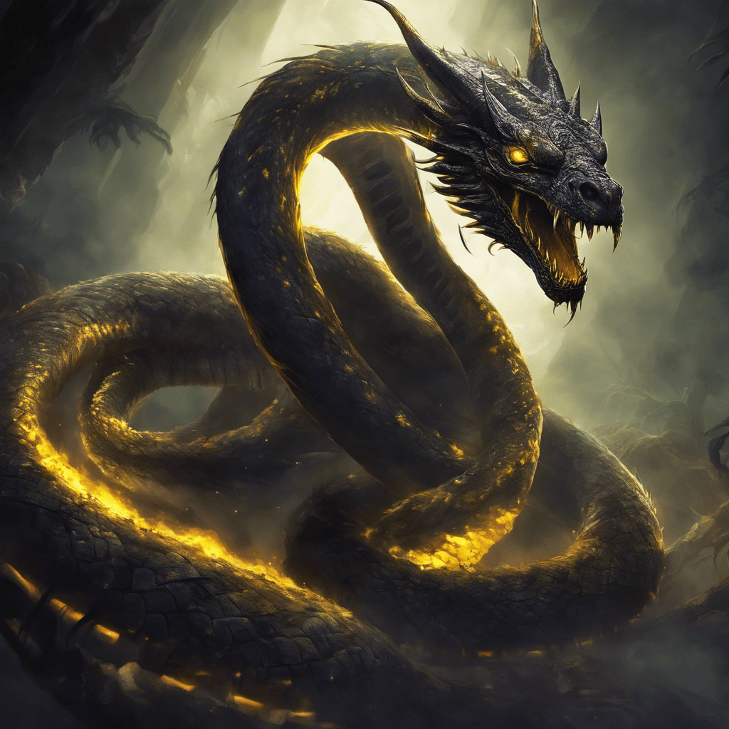 A colossal serpent-like creature, with scales as dark as the night sky, reflective and shimmering under the dim light. It has eight legs, each tipped with razor-sharp claws, and a pair of piercing yellow eyes that seem to glow with an inner fire. It has a row of spines running down its back, and its long forked tongue flicks in and out, tasting the air.