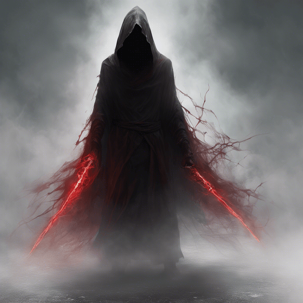 A shadowy figure cloaked in mist, with piercing crimson eyes that glow from a faceless hood, its ethereal form barely tangible yet exuding an aura of malice and dread.