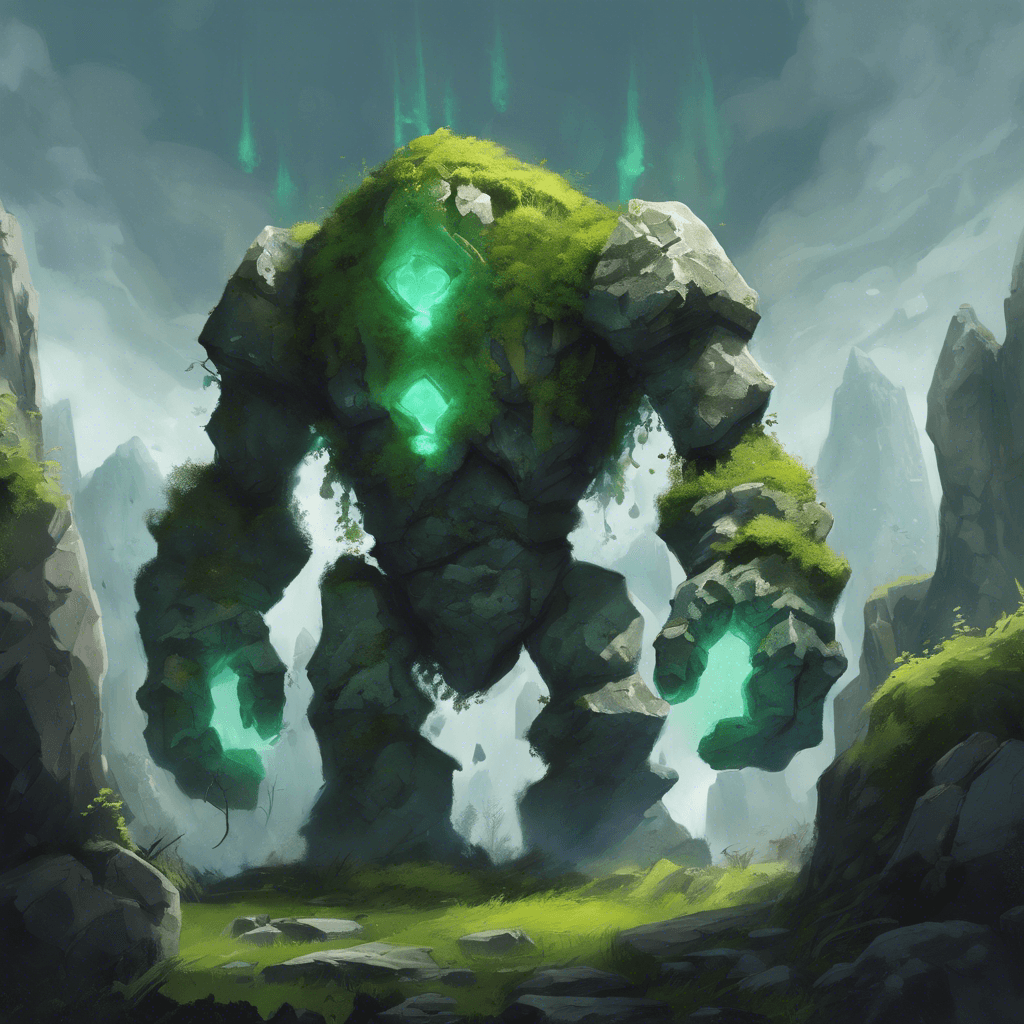 A towering stone golem, dormant for ages, now awakened. Its body is an amalgamation of moss-covered rocks and ruins, with glowing runes etched across its massive arms. Eyes gleaming with a magical azure light, it moves with a thunderous and deliberate weight, threatening to crush anything in its path.