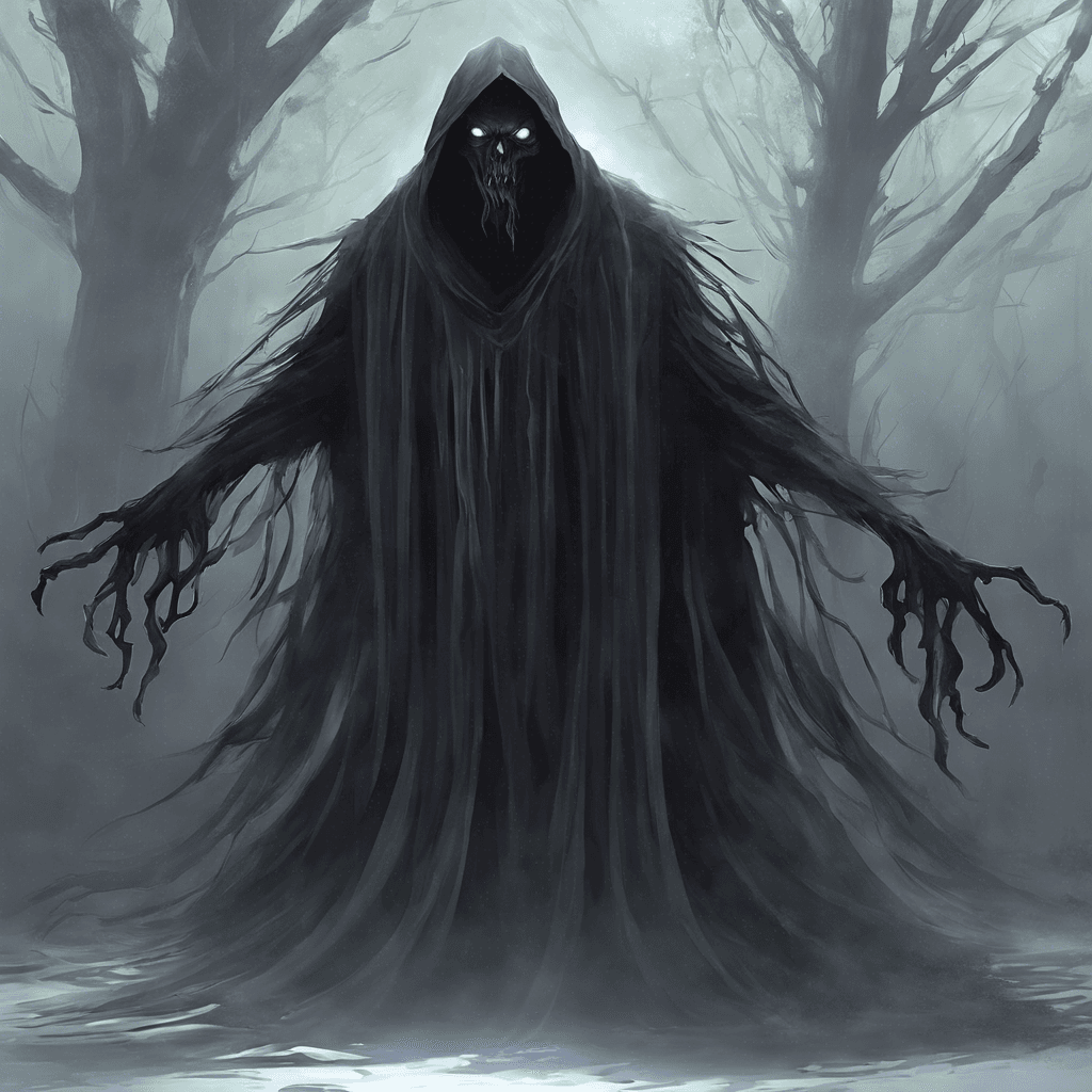 A menacing wraith materializes before you, its ghostly form ethereal yet chilling. its eyes glow with an eerie light, and its presence fills you with dread.